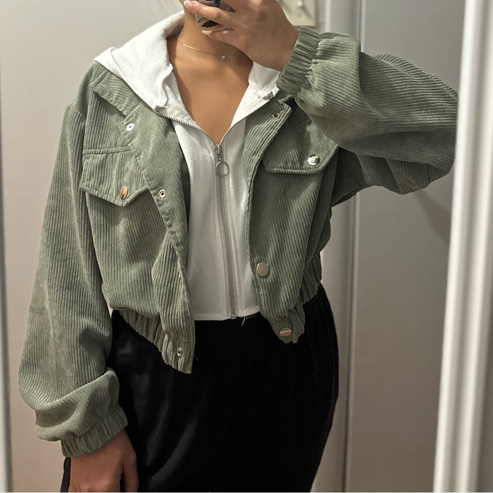 Olive Green Corduroy Jacket with Hoodie